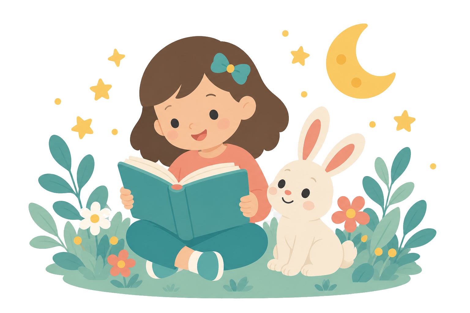 A girl reading with a rabbit in a magical moonlit garden