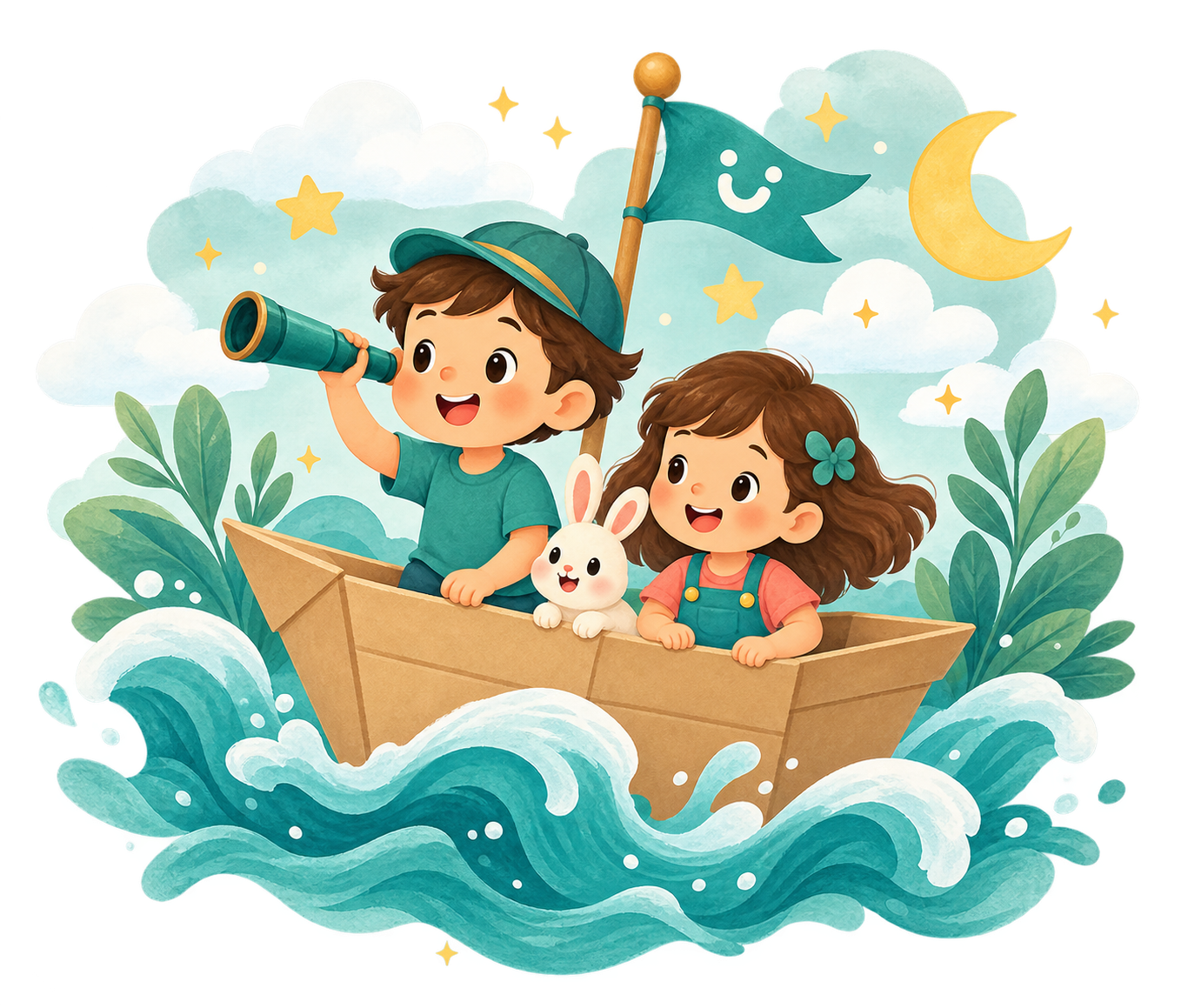 Children and a rabbit sharing a playful cardboard-boat adventure