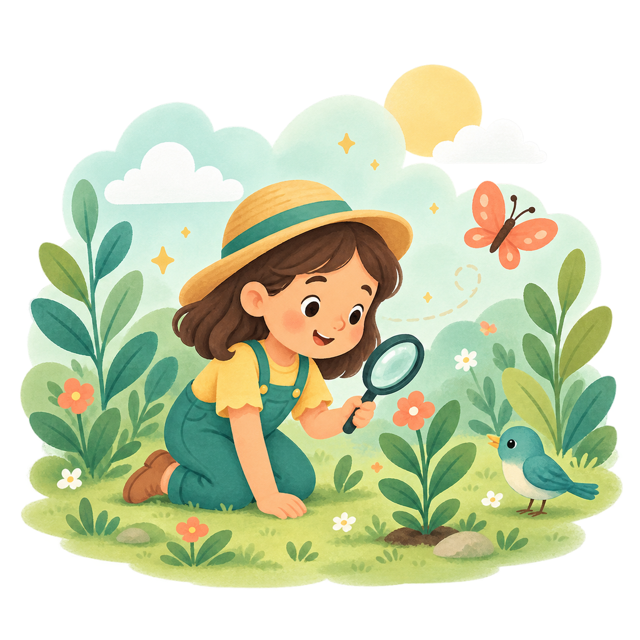 A child exploring a garden with a magnifying glass